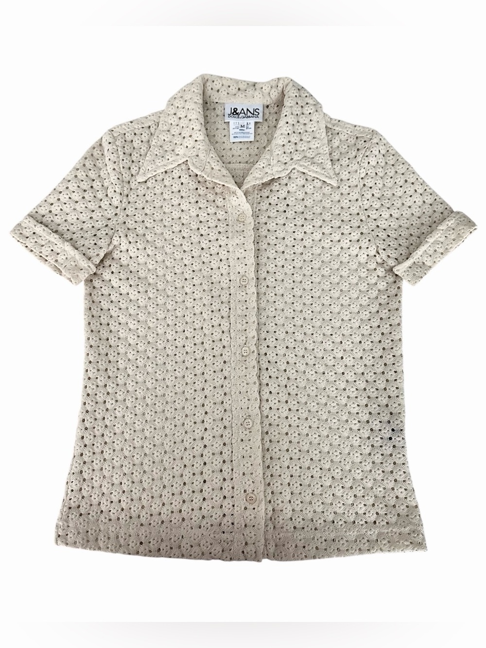 J&ANS by Dolce & Gabbana Cream Pointelle Short Sleeve Button Up Shirt